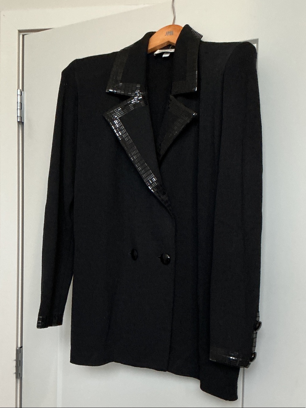 St. John Collection Black Double-Breasted Blazer with Sequin Trim